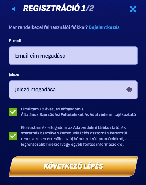 regisztrációs folyamat a Wonaco Casino lépése 2